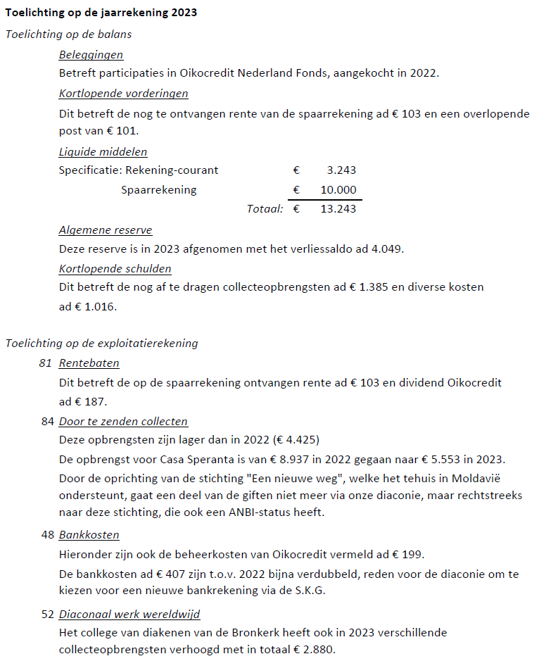 Toelichting op de jaarrekening van de Diakonie